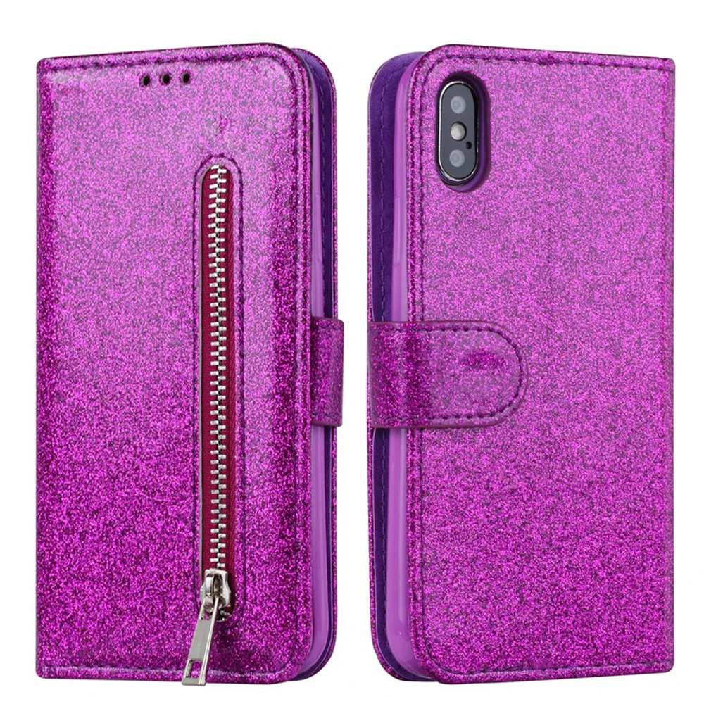 purple LAPOPNUT Блестящий на молнии из искусственной кожи чехол для Iphone 11 Pro Xs Max Xr X 7 8 Plus 6 6s 5 5S SE Магнитный откидной Чехол-кошелек - Цвет: purple