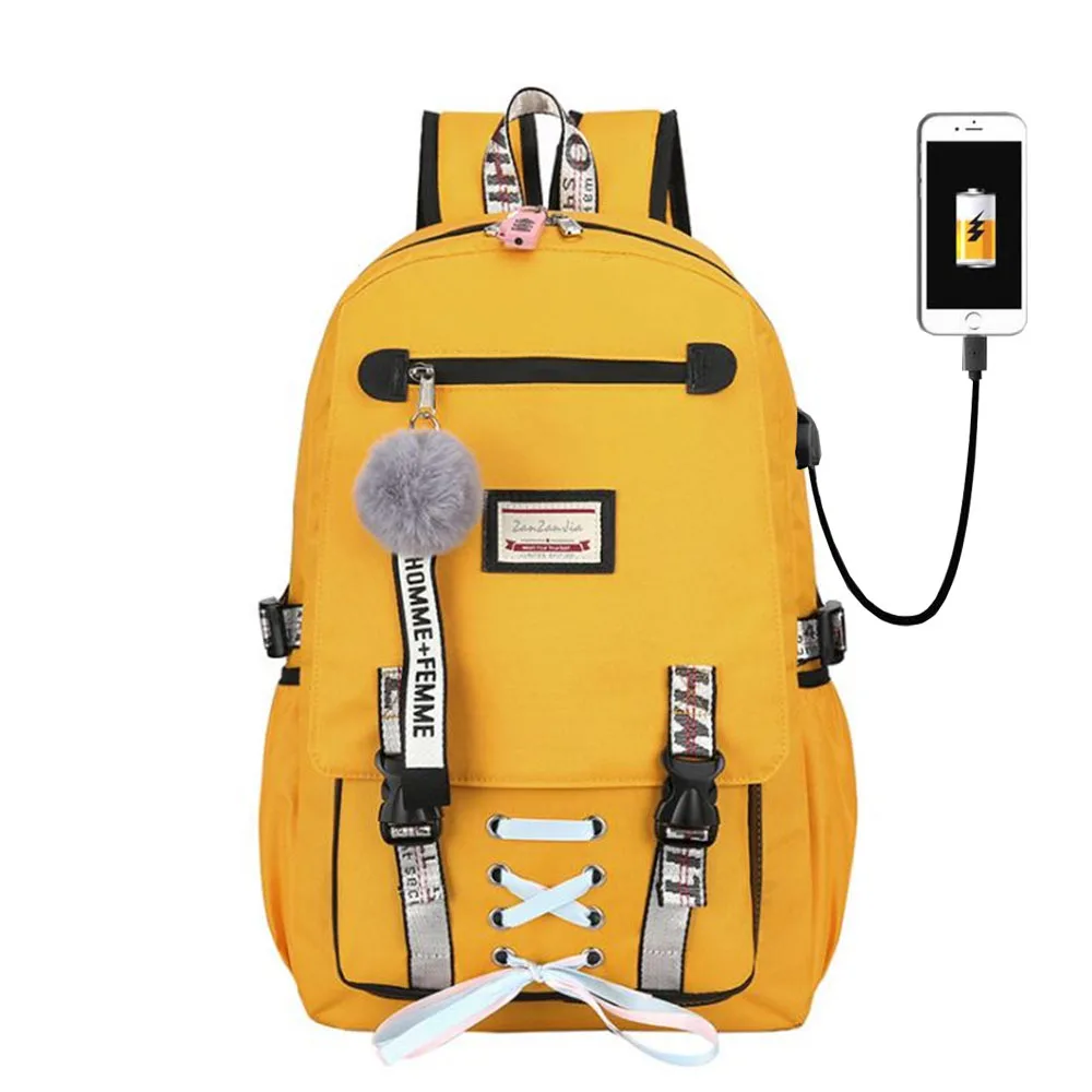 Школьный ранец для девочек и мальчиков-подростков, большие сумки с USB-принтом, модные портфели для учеников с ленточным бантом, 4 цвета