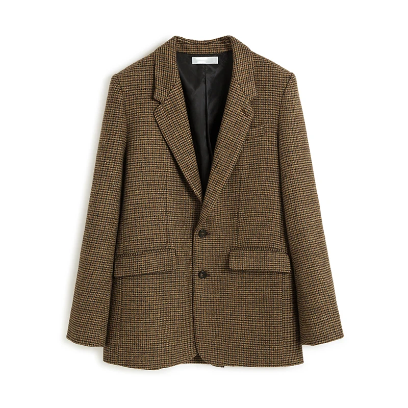 

Blazer Women Patch Design 100% Wool Plaid Vintage Style Long Sleeve Pockets Straight Jackets High Quality Ladies New Fashion
