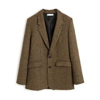 blazer women patch design 100 wool plaid vintage style long sleeve pockets straight jackets high quality ladies new fashion