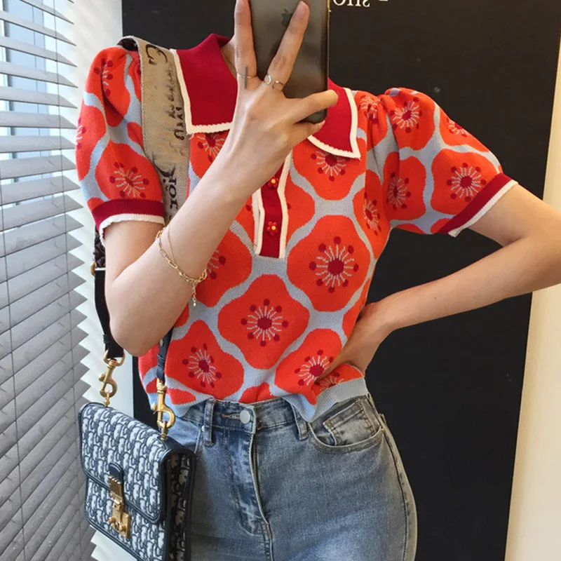 

Korea Chic Retro Temperament Lapel Flower Design Chic Three Buttons Loose Wild Puff Sleeve Sweater Women