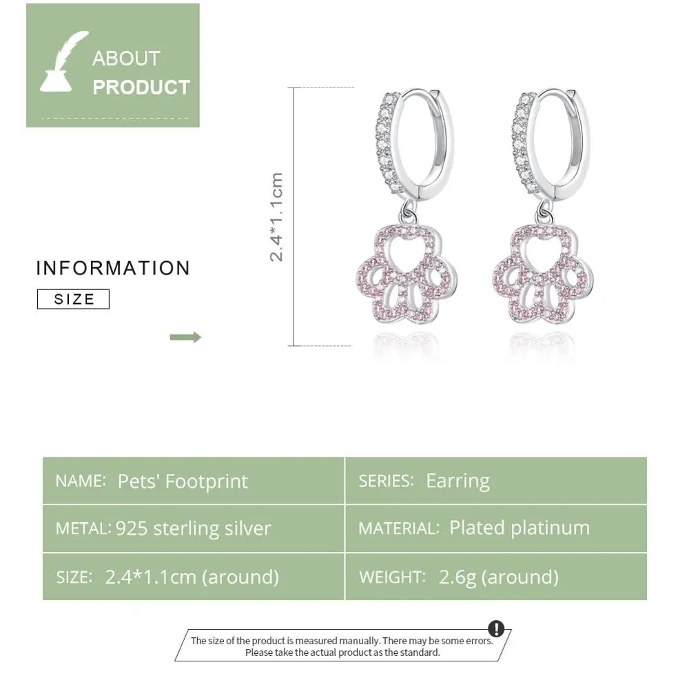 WOSTU Fashion 925 Sterling Silver Paw Dog Pets Footprint Drop Earrings For Women Pink Zircon Wedding Jewelry DXE771 | Украшения и