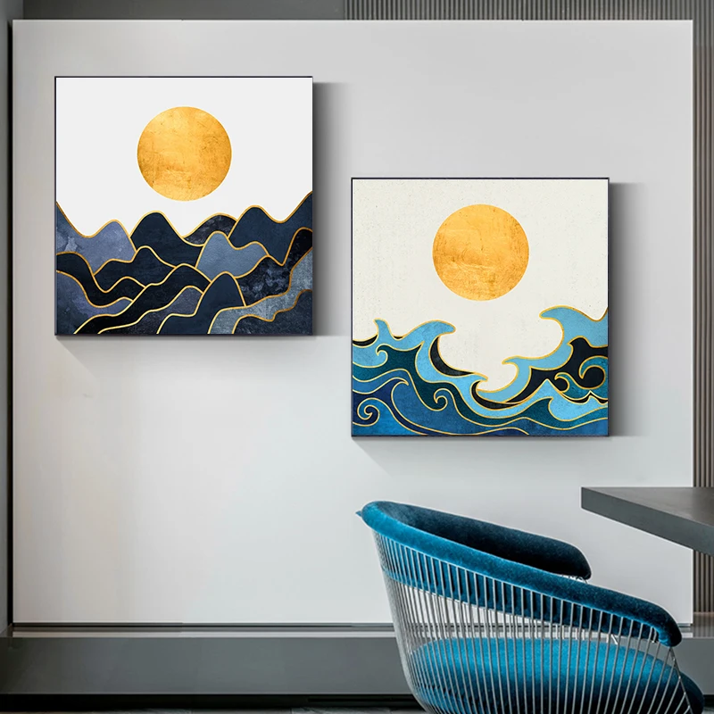 Абстрактная Картина на холсте с изображением утреннего солнца восходящего синей