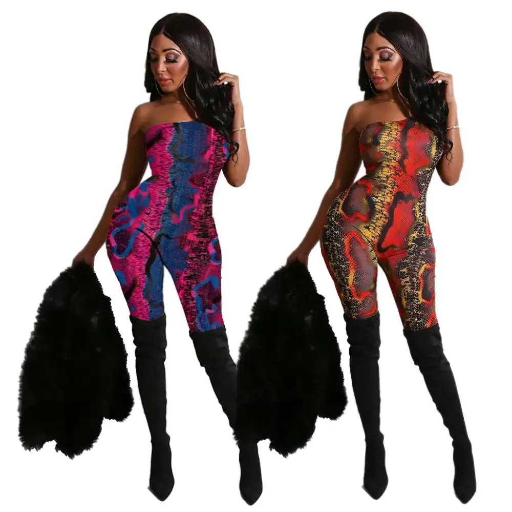 

2020 new product snake skin colorful printed sexy jumpsuit and romper women summer clothes high waisted skinny overalls