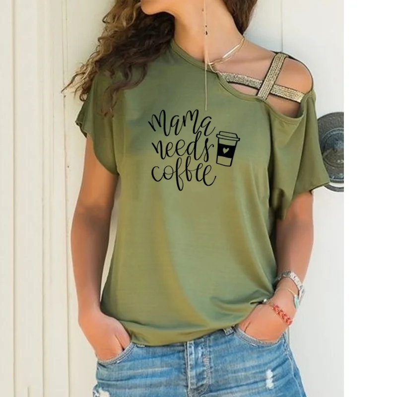 

Fashion Summer New Mama Needs Coffee Print Shirts for Women Irregular Skew Cross Bandage Tshirt Fashion Women Tee Shirt Tops