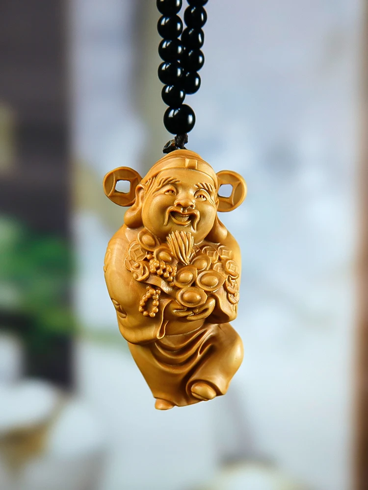 

6.8X4X3 CM Wealthy Man Buddha Pendant Hand Carved Boxwood Figurine Carving God of Wealth Netsuke Feng Shui Sculpture - #W098