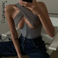 cryptographic fashion plaid cross halter sexy cut out crop tops women sexy backless cropped feminino top summer 2021 streetwear