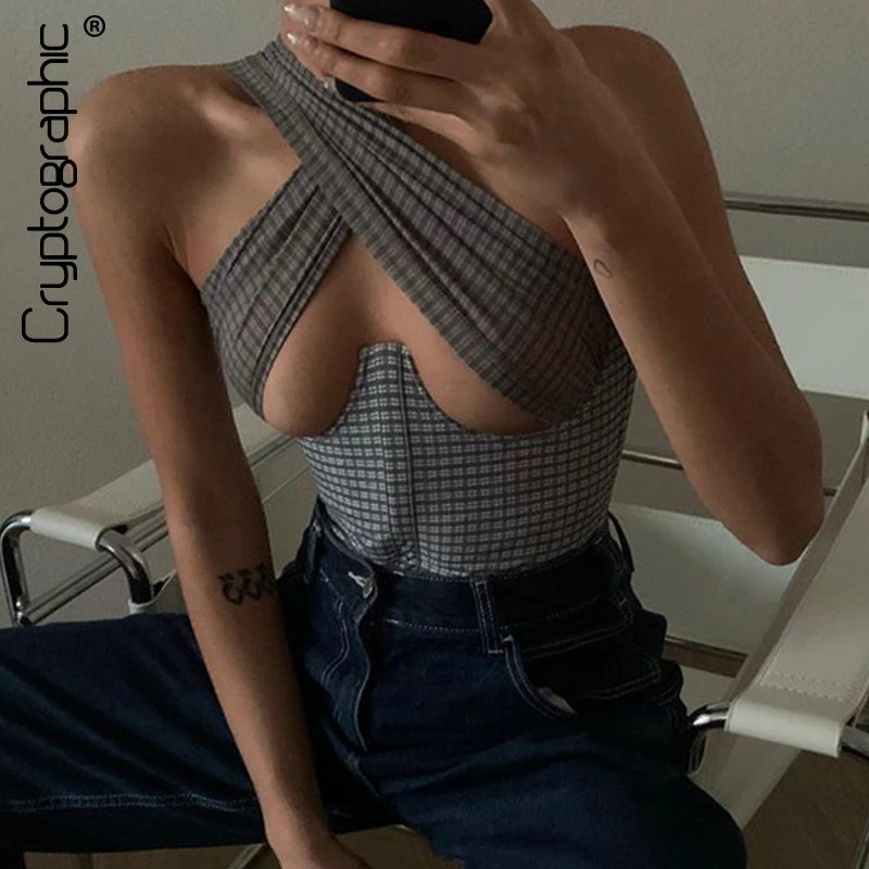 Женский укороченный топ Cryptographic в клетку с перекрестной бретелькой вырезами