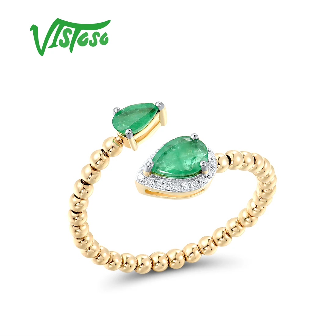 VISTOSO Genuine 14K 585 Yellow Gold Rings For Women Sparkling Emerald Diamond Adjustable Open Rings Daily Wear Fine Jewelry