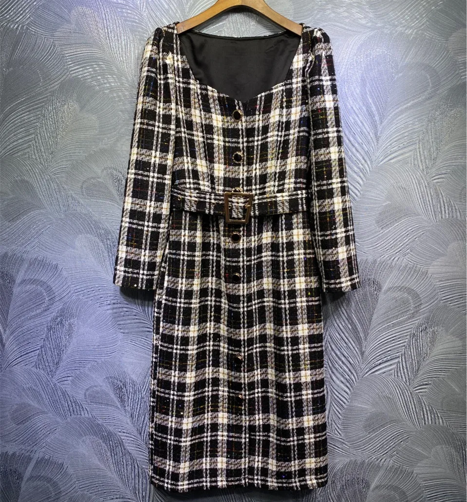 

Autumn Women's High quality Belt plaid tweed dress Chic elegant square collar long sleeves dress C728