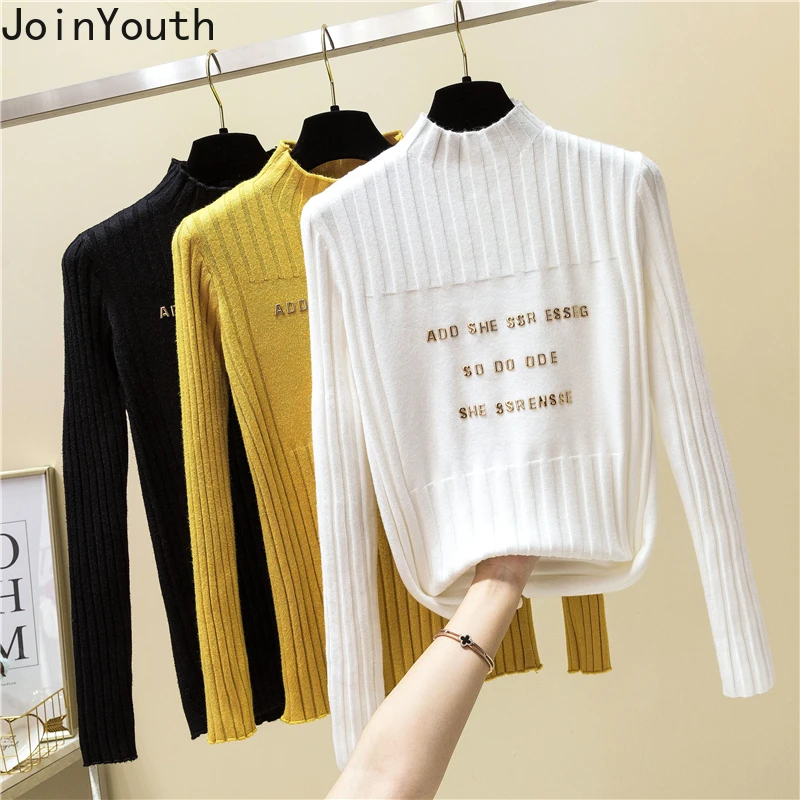 JoinYouth 2020 Autumn Pullovers Print Letters Half Turtleneck Sweater Women Patchwork All Match Korean Pull Femme Fashion J245 | Женская