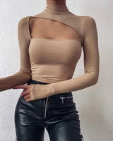 2020 women autumn spring long sleeve sexy hollow out mock neck chic sweater solid cutout ribbed long sleeve top trending ol