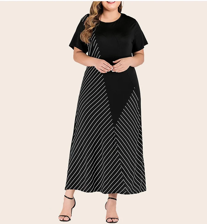 

Plus Size Women Dress Black O Neck Short Sleeve Contrast Color Stripe Patchwork Maxi Dresses Loose Big Size 2020 Summer