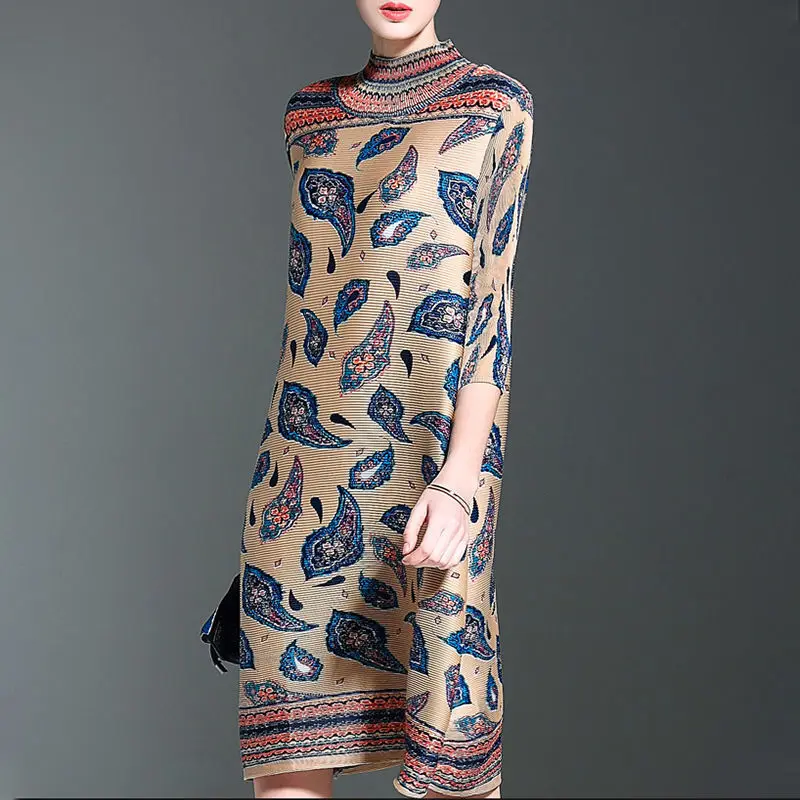 Women Dress Retro Pleated Dress 2023 Autumn New High Neck Print Middle-aged Mother Loose MM Women's Clothing 1 Women Dress Retro Pleated Dress 2023 Autumn New High Neck Print Middle-aged Mother Loose MM Women's Clothing 1