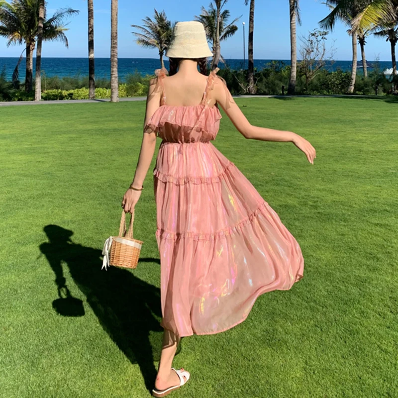

QOERLIN French Retro Gilt Gold Fairy Dress Women Summer High Waist Suspender Elastic Waist Dress Mesh Ruffles Pink Midi Dress