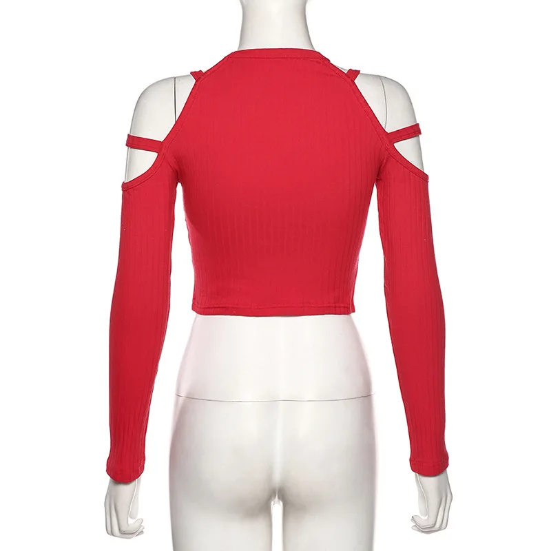 2019 зимняя женская Сексуальная футболка с открытыми плечами однотонный