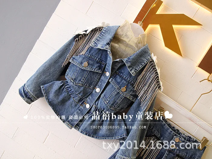 2019 autumn and winter clothing new girl heavy work rhinestone tassel decoration waist denim jacket girls coat | Детская одежда и