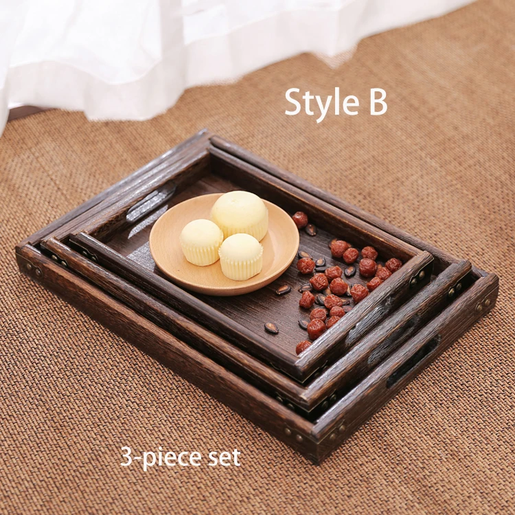 styleB 3-piece set Набор из 3 предметов, деревянный поднос из пауловнии, поднос для чая, поднос для еды, прямоугольный поднос из твердой древесины, китайский поднос для чая Gongfu - Цвет: styleB 3-piece set