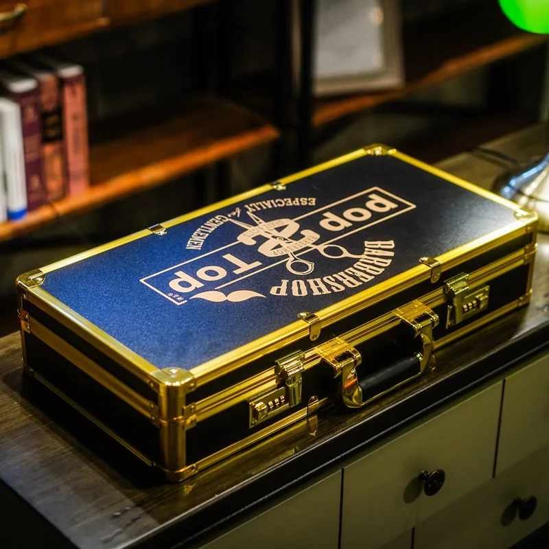 Парикмахерская коробка черного и золотого цвета с алюминиевой рамкой замком