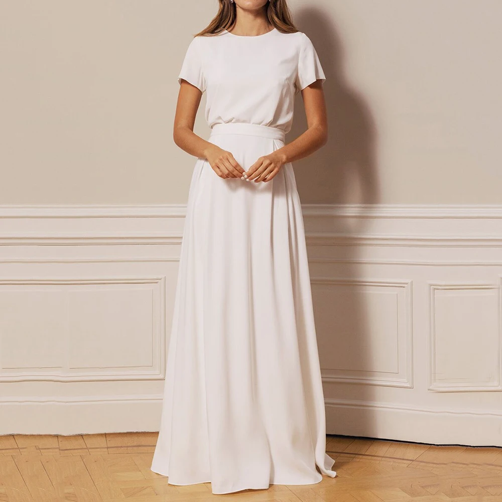 

Robe De Mariée Simple Regular Short Sleeve A Line Wedding Gown O Neck Retro Jersey Bridal Dress Solid Color White Ivory