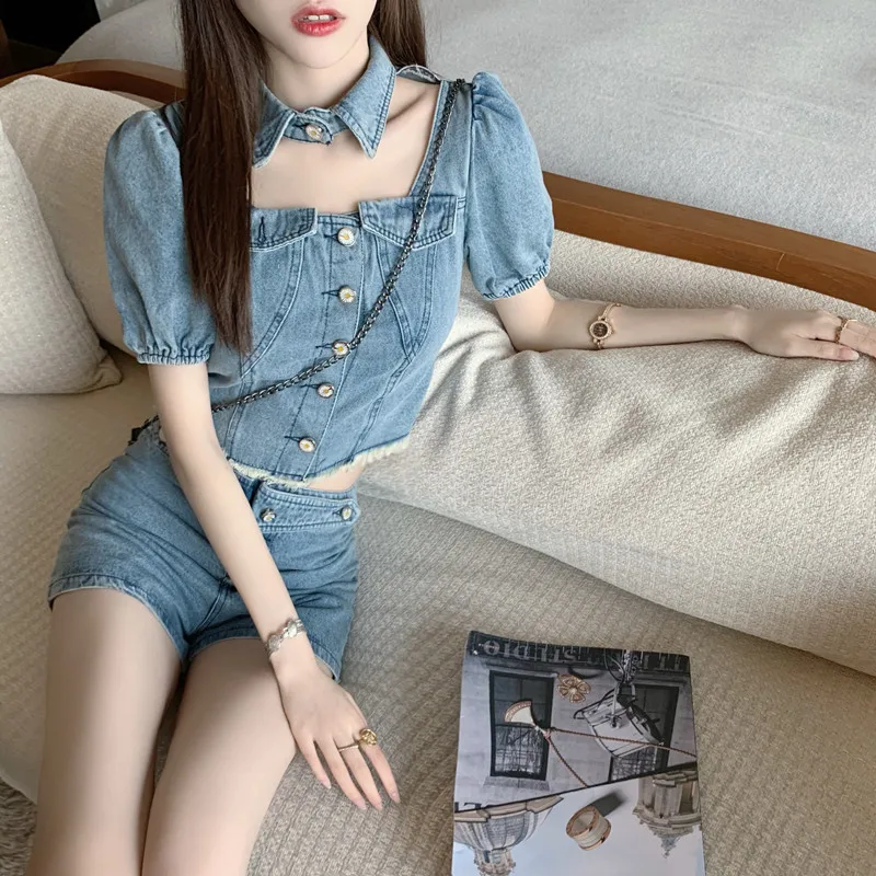 Комплект из двух предметов женский джинсовый базовый винтажный Модный