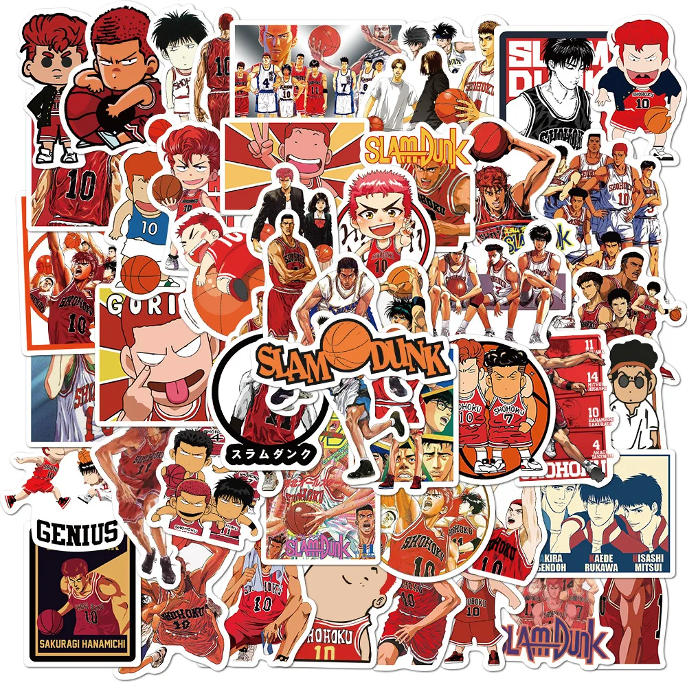 5/10/50 Uds Anime SLAM DUNK pegatinas Sakuragi Hanamichi Kaede Rukawa Ryota Mitsui calcoman&iacute;as Skateboard impermeable adhesivos para juguetes de ni&ntilde;o-0