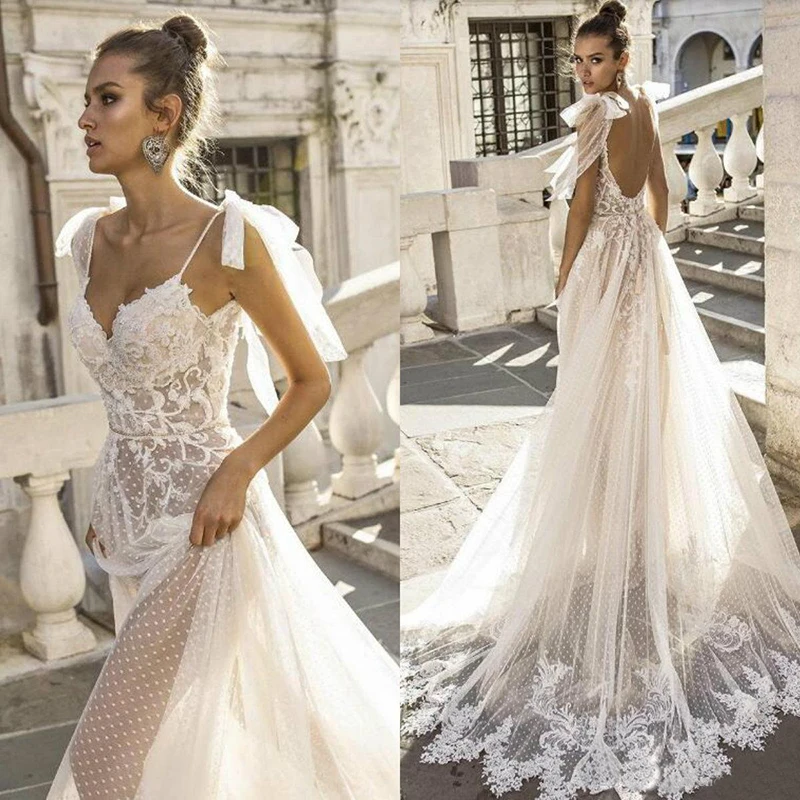 

Wholesale Latest Boho Lace Backless Bridal Wedding Dresses V Neckline Spaghetti Straps Wedding Gowns for Bride See Through