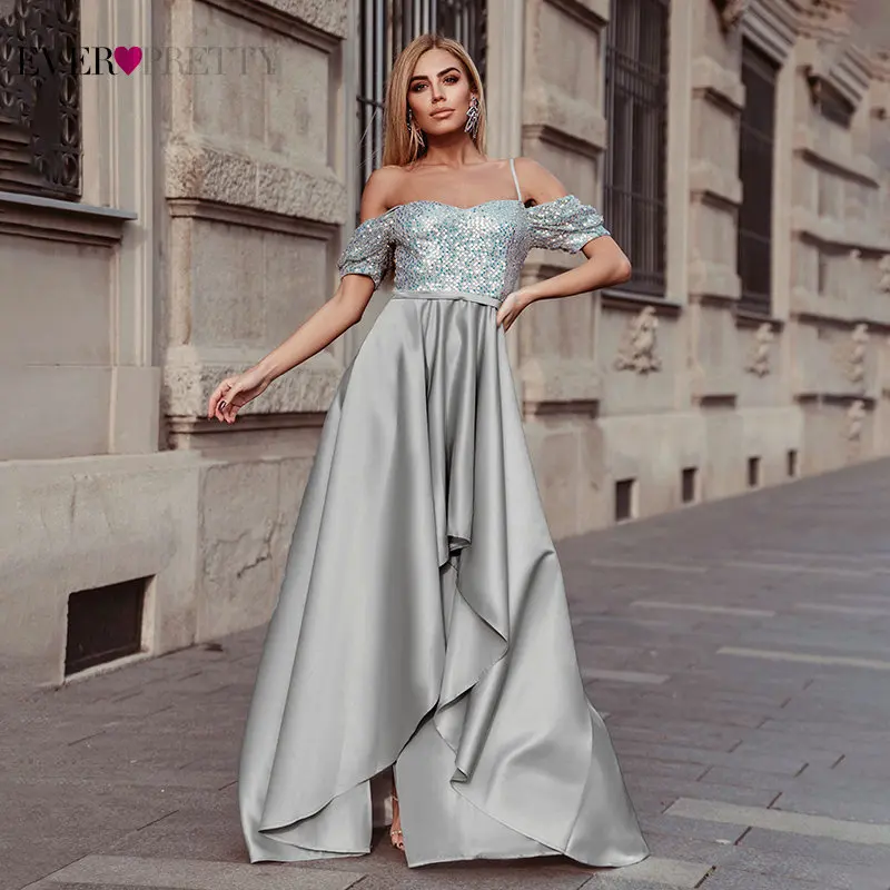 

Gray Prom Dresses Ever Pretty EP00349GY Asymmetrial Spaghetti Straps Sequined Satin Pleated Long Party Gowns Robe Satin Longue