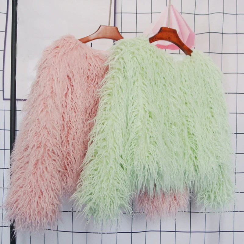 Women's Winter Fur Coat Colorful Furry Pink Lamb Wool Faux Fur Coat Female Shaggy Oversize Sheepskin Coat Artificial Fur Jacket