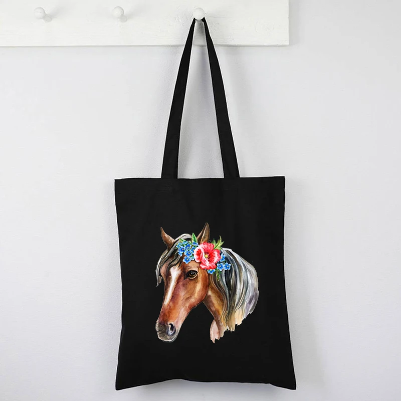 

Watercolor Horse Clipart with Flowers Canvas Tote Bag Horse Art Cute Bags Eco Friendly Animal Prints Reusable Bag Designer XL