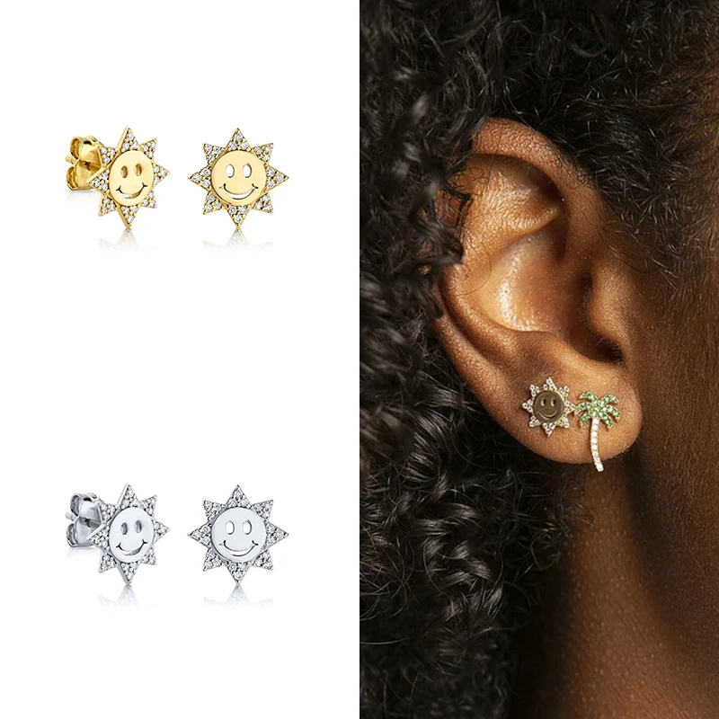 

Sterling Silver Earrings for Women Smiley Stud Earring Fine Jewelry Piercing Zircon Earing Pendientes Brincos Aretes 2021