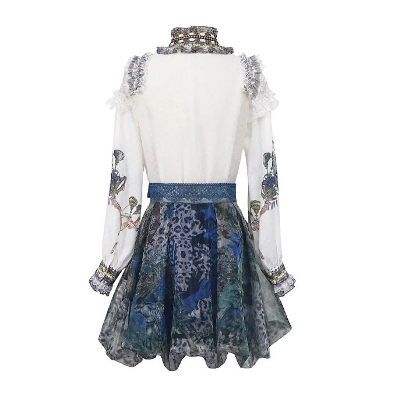 High Quality 2 piece set women 2021 VIntage Royal Long Sleeve Ruffles Lace Blouse Shirt and Leopard Print Skirt Suit Set Outfit