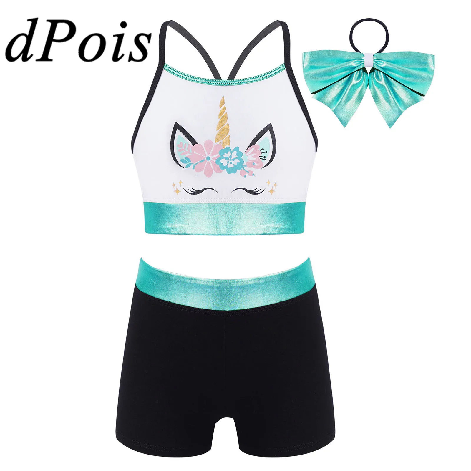 

Kids Girls Ballet Gymanstics Outfit Dancewear Cartoon Horse Printed Crop Tank Top + Shorts Childs Suit for Modern Dance Costume