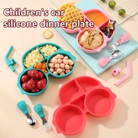1set silicone baby feeding bowl cute cartoon tableware non slip silicone bowlspoonforkstraw baby feeding tableware bpa free