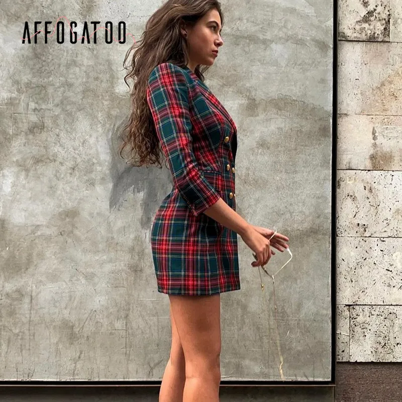 Affogatoo Elegant Office ladies cotton plaid dress women Vintage double breasted mini Streetwear autumn winter short | Женская одежда