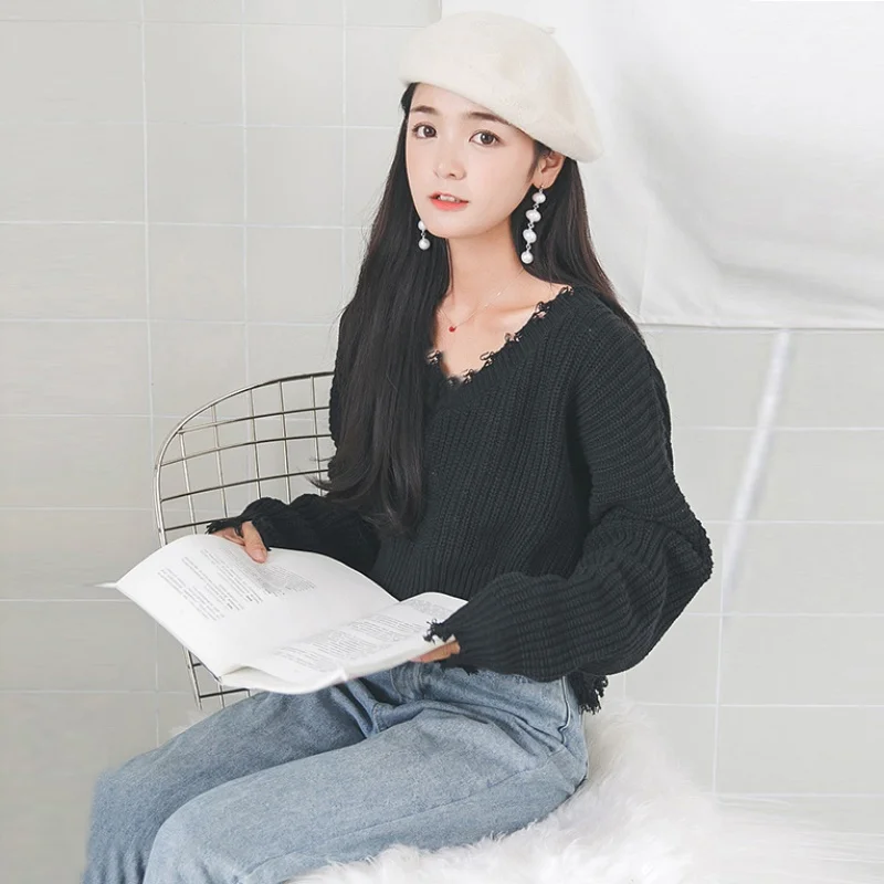 

2020 Loose Solid Autumn Sweater Women V-Neck New Korean Elegant Knitted Coat Oversized Warm Female Pullovers Fashion Tassel Hem