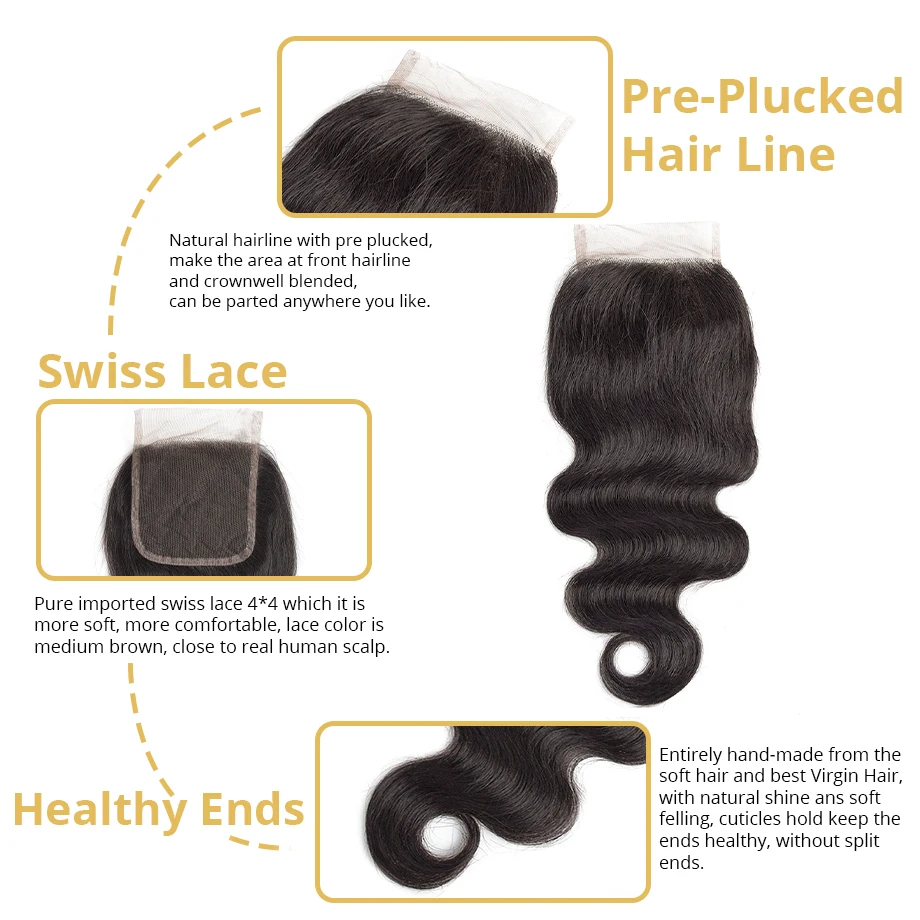 

Brazilian Human Hair Lace Closure body wave 4x4 Transparent Lace Closure With Pre Plucked Baby Hair remy hair Bleached Knot