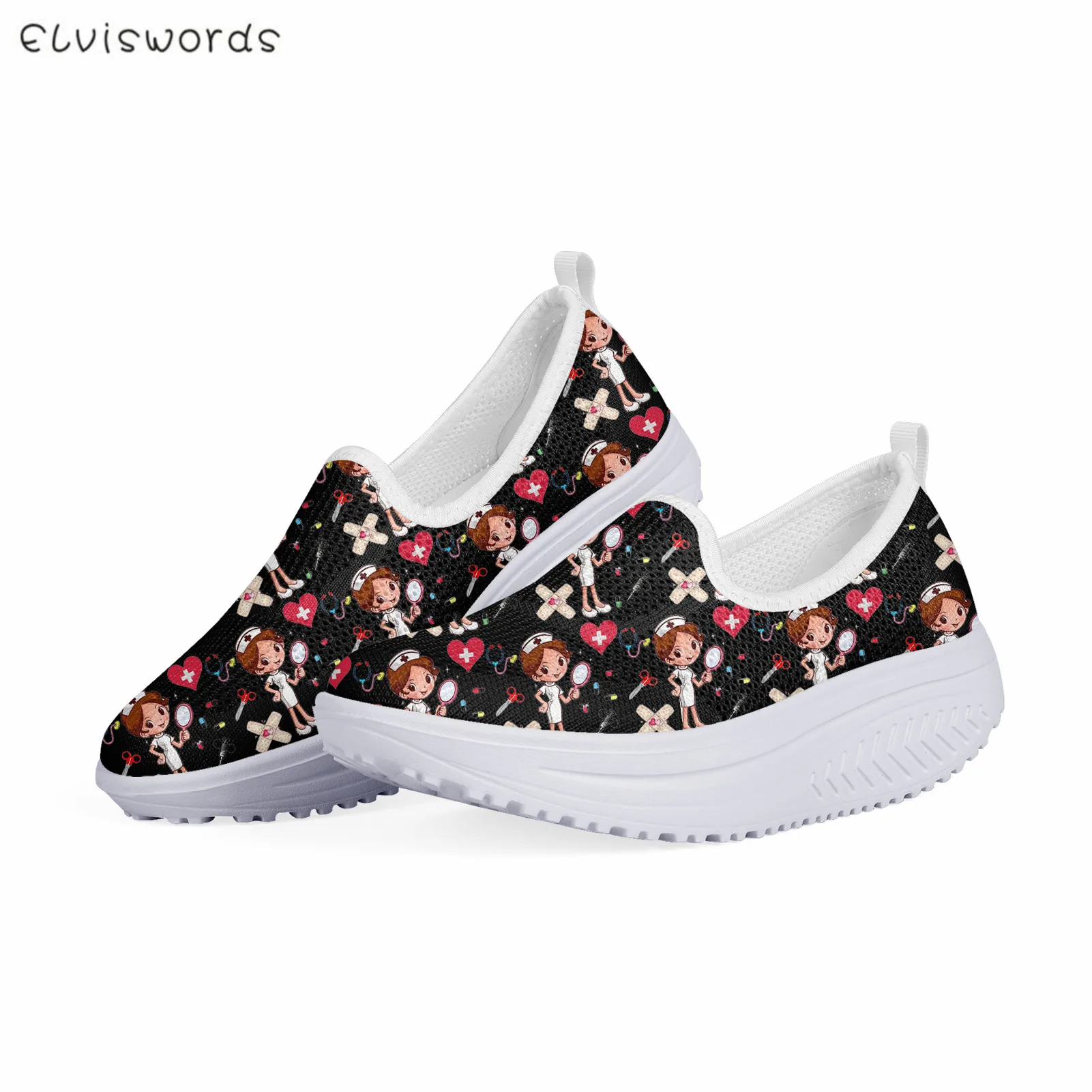 

ELVISWORDS Air Mesh Black Nurse Shoes Premium Physician Hospital Medician Pattern Comfortable Platform Sneaker Wedge Swing Shoe