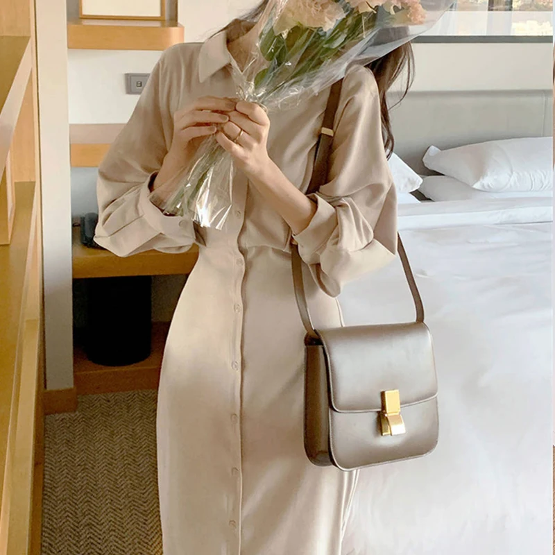 

2021 New Women Spring Summer Shirt Dresses Fashionable Elegant High Waist Vintage Korean Style Lady Lace Up Long Dress