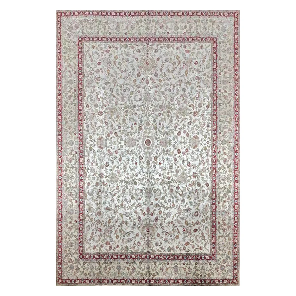 

9'x12' White Flower Turkey Design Silk Rugs Hand Knotted Handmade Area Carpets For Parlor