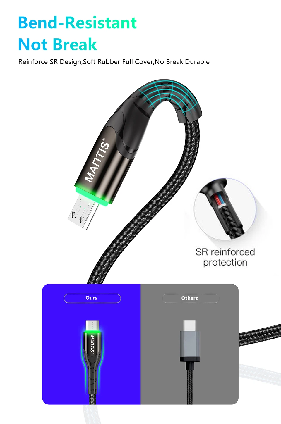 MANTIS 3 м 2 м светодиодный кабель Micro Usb для samsung Xiaomi 3A Быстрая зарядка зарядное устройство через Micro Usb Android мобильный телефон кабель для передачи данных
