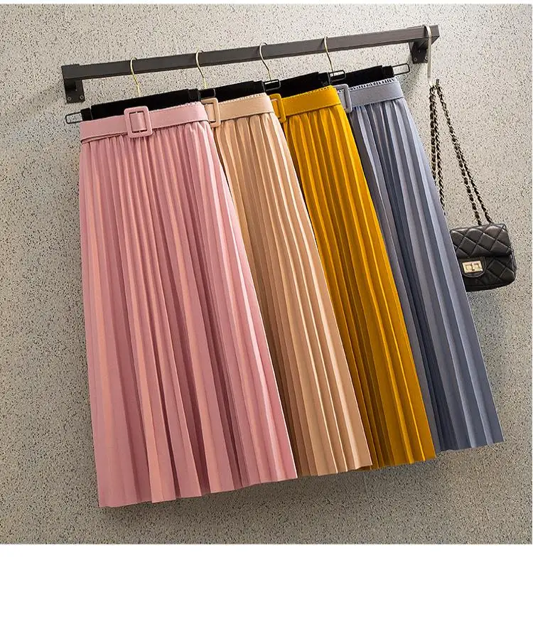 

High Waist Women Skirt Casual Vintage Solid Belted Pleated Midi Skirts Lady 11 Colors Fashion Simple Mujer Faldas
