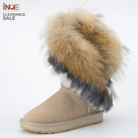 inoe fashion real cow suede leather natural fox fur women winter boots tassels high quality snow boots keep warm sand