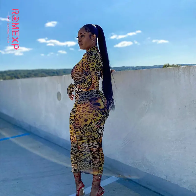 Romexp сетки Farbic с леопардовым рисунком Платья-макси со складками женские пикантные