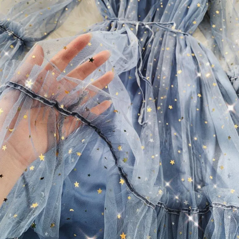 

Sale Free Size Gauze Lace Princess Dress Female Elegant O-neck Mesh Puff Dresses Star Sequins New Women Flare Sleeve Dress 1PC