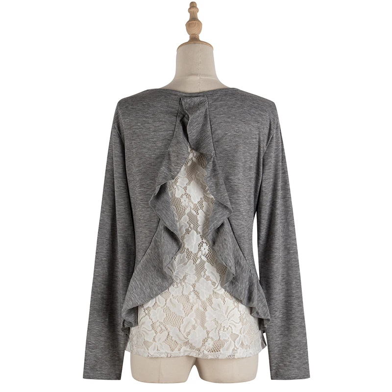 

Women's T-Shirts Loose Casual 2021 Spring Autumn Round Neck Long Sleeve Patchwork Pullover Ruffle Lace Gray Ladies Top SJ8239V