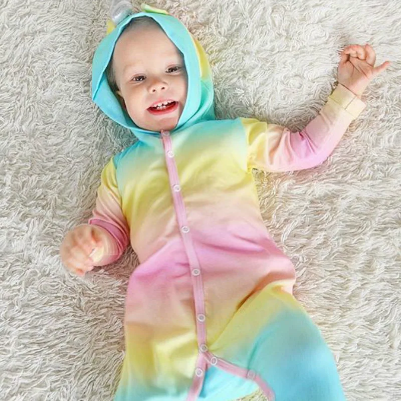 Одежда для малышей мальчиков и девочек единорог Радуга пижамы с капюшоном в виде