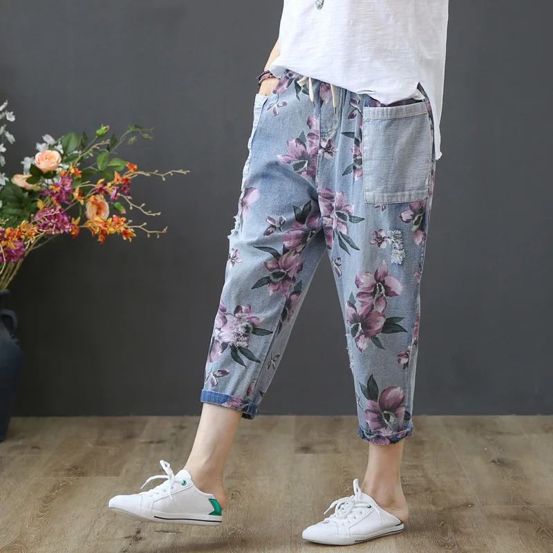 XUXI Seven Points брюки модные с принтом потертые высокой талией свободные ковбойские