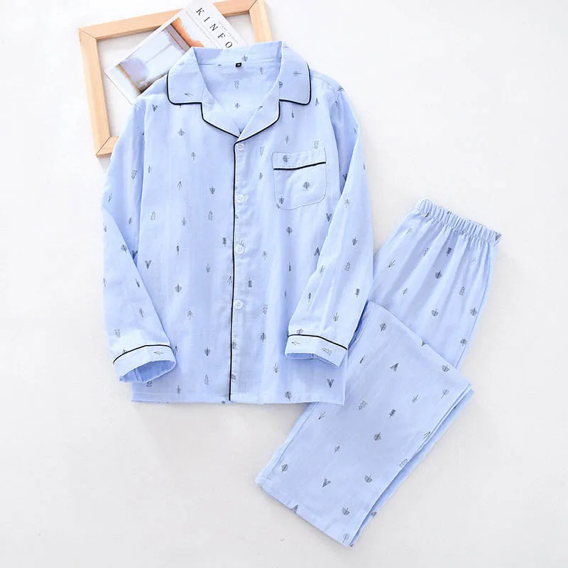 Spring And Summer New Men's Pajamas Set Solid Color Simple Style Sapling Printed Turn-down Collar Sleepwear Men Loose Homewar
