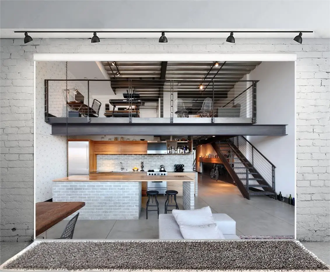 Фотофон для гостиной с изображением интерьера открытой кухни элегантный лестничный диван деревенский деревянный пол Европейский стиль